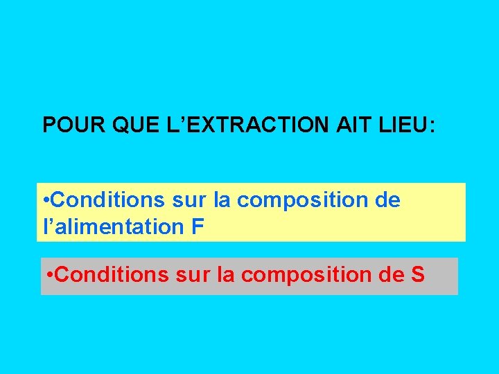 POUR QUE L’EXTRACTION AIT LIEU: • Conditions sur la composition de l’alimentation F •