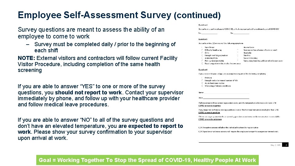 Employee Self-Assessment Survey (continued) Survey questions are meant to assess the ability of an