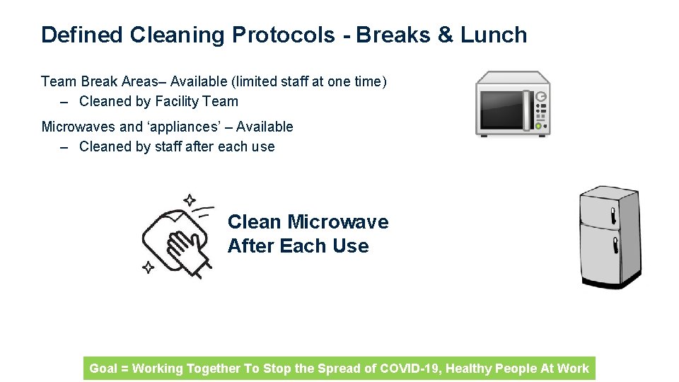 Defined Cleaning Protocols - Breaks & Lunch Team Break Areas– Available (limited staff at