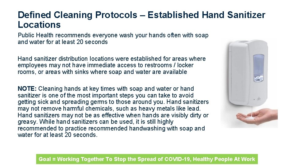 Defined Cleaning Protocols – Established Hand Sanitizer Locations Public Health recommends everyone wash your