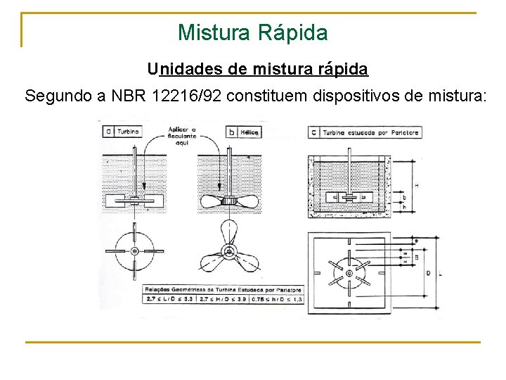 Mistura Rápida Unidades de mistura rápida Segundo a NBR 12216/92 constituem dispositivos de mistura: