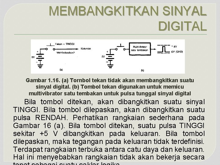 MEMBANGKITKAN SINYAL DIGITAL Gambar 1. 16. (a) Tornbol tekan tidak akan membangkitkan suatu sinyal