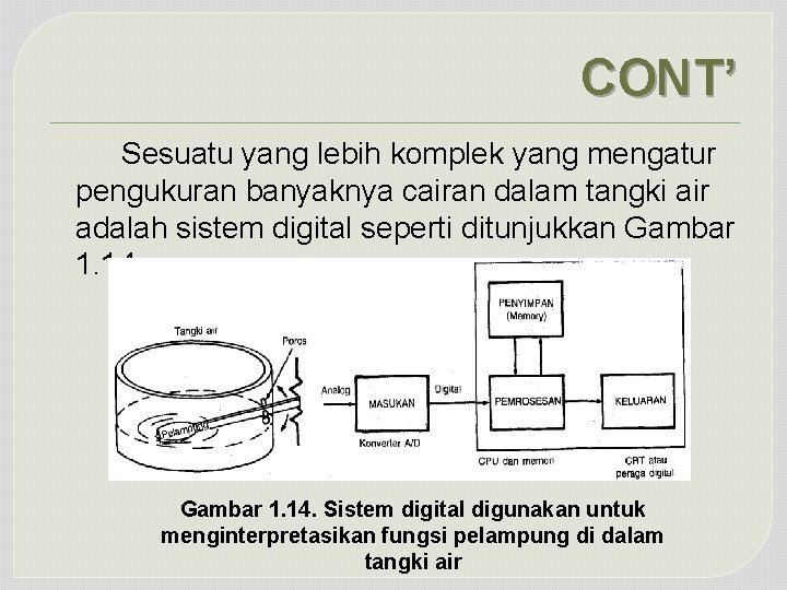 CONT’ Sesuatu yang lebih komplek yang mengatur pengukuran banyaknya cairan dalam tangki air adalah