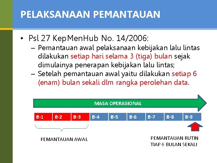 PELAKSANAAN PEMANTAUAN • Psl 27 Kep. Men. Hub No. 14/2006: – Pemantauan awal pelaksanaan