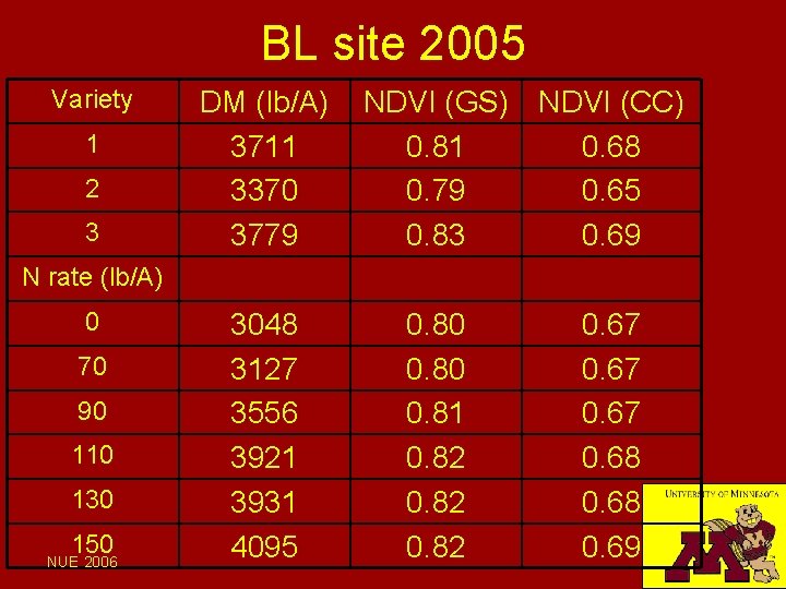 BL site 2005 Variety 1 2 3 DM (lb/A) 3711 3370 3779 NDVI (GS)