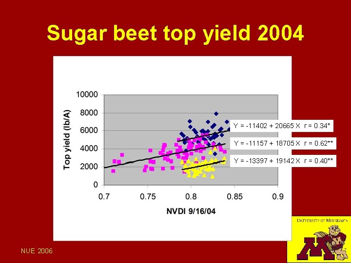 Sugar beet top yield 2004 Y = -11402 + 20665 X r = 0.