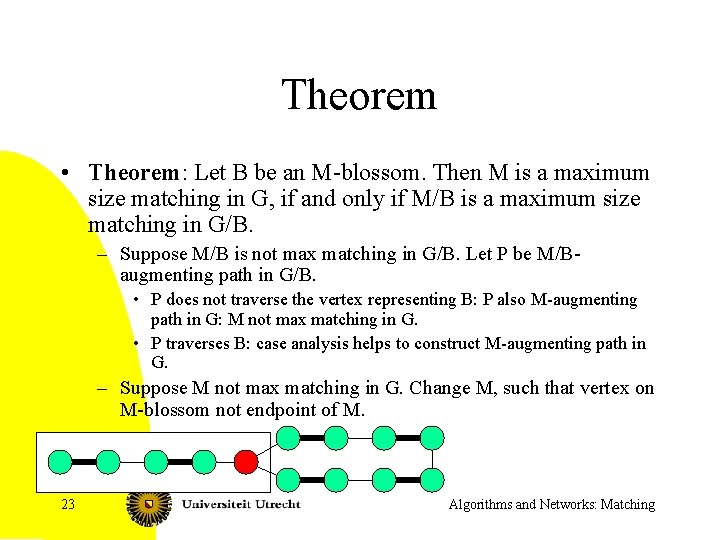 Theorem • Theorem: Let B be an M-blossom. Then M is a maximum size
