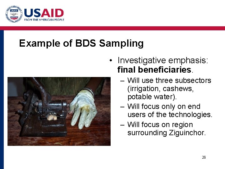 Example of BDS Sampling • Investigative emphasis: final beneficiaries. – Will use three subsectors Example of BDS Sampling • Investigative emphasis: final beneficiaries. – Will use three subsectors