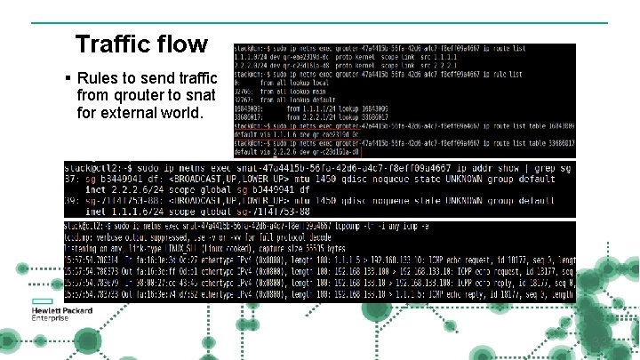 Traffic flow § Rules to send traffic from qrouter to snat for external world.