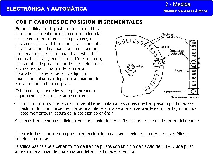 ELECTRÓNICA Y AUTOMÁTICA 2. - Medida: Sensores ópticos CODIFICADORES DE POSICIÓN INCREMENTALES En un