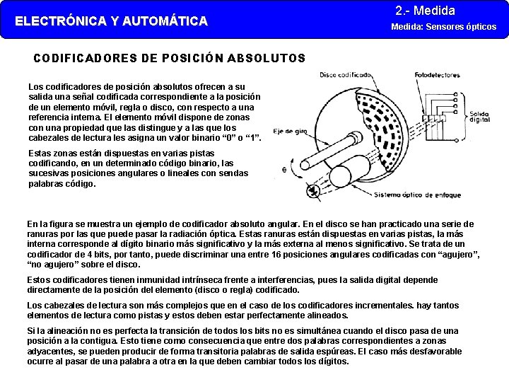 ELECTRÓNICA Y AUTOMÁTICA 2. - Medida: Sensores ópticos CODIFICADORES DE POSICIÓN ABSOLUTOS Los codificadores