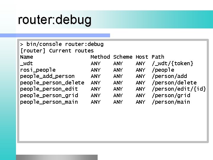 router: debug > bin/console router: debug [router] Current routes Name Method _wdt ANY rosi_people