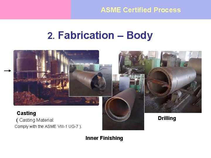 ASME Certified Process 2. Fabrication – Body Casting ( Casting Material: Drilling Comply with