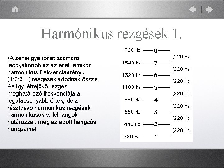 Harmónikus rezgések 1. • A zenei gyakorlat számára leggyakoribb az az eset, amikor harmonikus