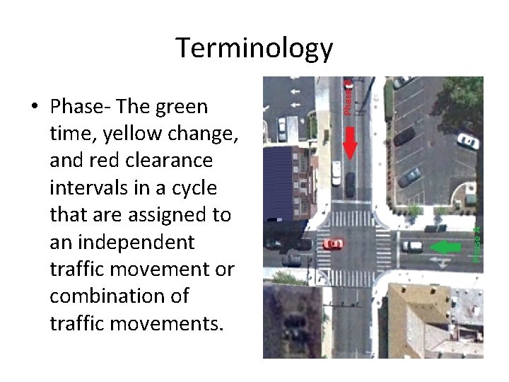 Terminology • Phase- The green time, yellow change, and red clearance intervals in a Terminology • Phase- The green time, yellow change, and red clearance intervals in a