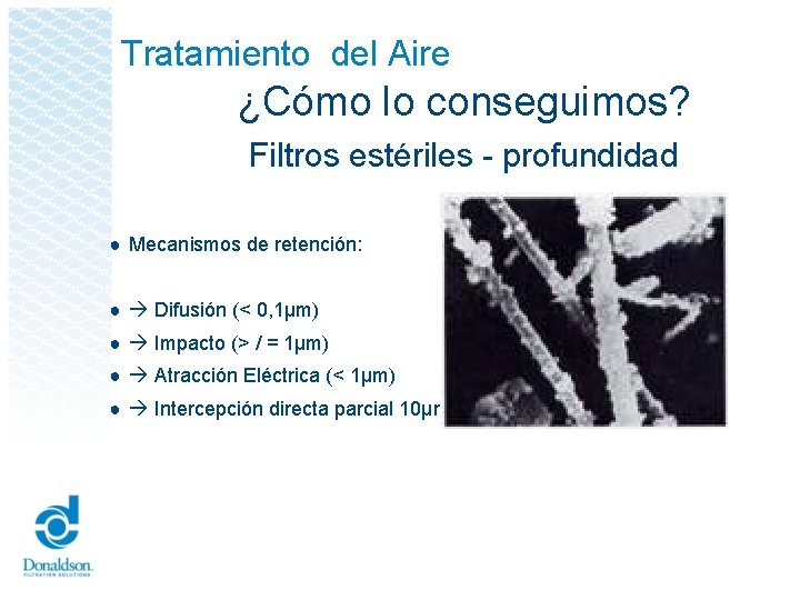 Tratamiento del Aire ¿Cómo lo conseguimos? Filtros estériles - profundidad ● Mecanismos de retención: