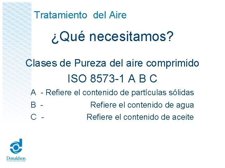 Tratamiento del Aire ¿Qué necesitamos? Clases de Pureza del aire comprimido ISO 8573 -1