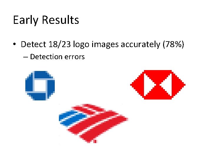 Early Results • Detect 18/23 logo images accurately (78%) – Detection errors 