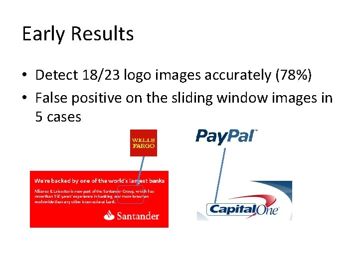 Early Results • Detect 18/23 logo images accurately (78%) • False positive on the