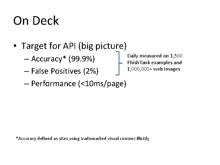 On Deck • Target for API (big picture) Daily measured on 1, 500 –