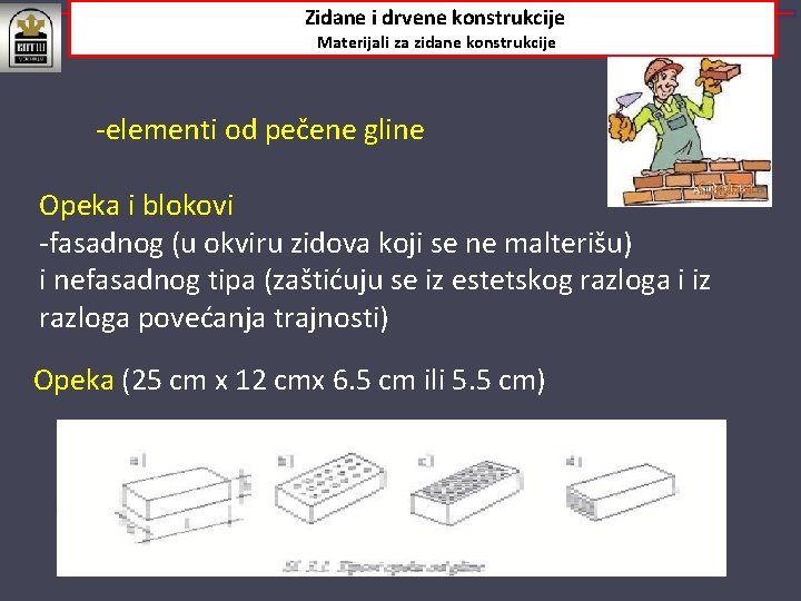 Zidane i drvene konstrukcije Materijali za zidane konstrukcije -elementi od pečene gline Opeka i