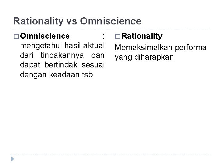Rationality vs Omniscience � Omniscience : mengetahui hasil aktual dari tindakannya dan dapat bertindak Rationality vs Omniscience � Omniscience : mengetahui hasil aktual dari tindakannya dan dapat bertindak