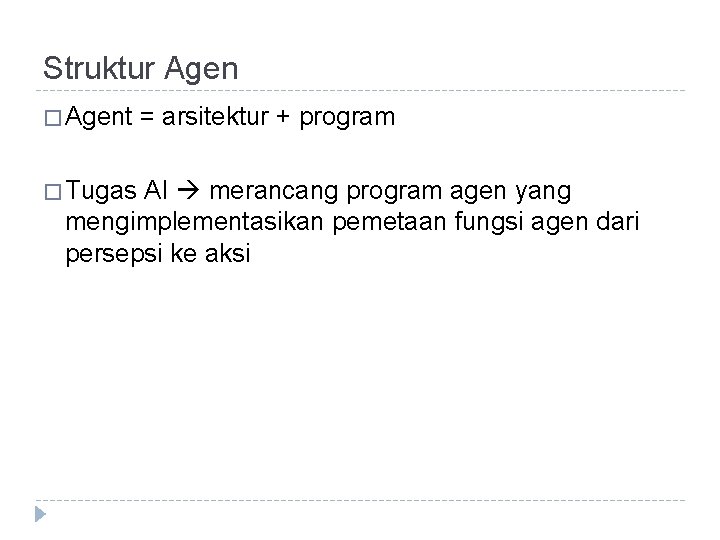 Struktur Agen � Agent � Tugas = arsitektur + program AI merancang program agen Struktur Agen � Agent � Tugas = arsitektur + program AI merancang program agen