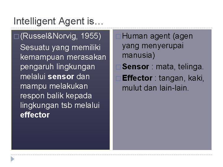Intelligent Agent is… � (Russel&Norvig, 1955) Sesuatu yang memiliki kemampuan merasakan pengaruh lingkungan melalui Intelligent Agent is… � (Russel&Norvig, 1955) Sesuatu yang memiliki kemampuan merasakan pengaruh lingkungan melalui