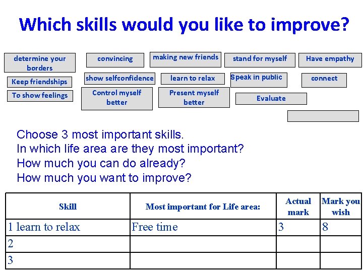 Which skills would you like to improve? determine your borders Keep friendships To show