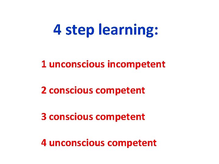 4 step learning: 1 unconscious incompetent 2 conscious competent 3 conscious competent 4 unconscious 4 step learning: 1 unconscious incompetent 2 conscious competent 3 conscious competent 4 unconscious