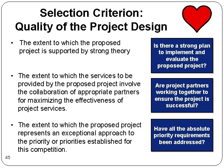 Selection Criterion: Quality of the Project Design • The extent to which the proposed Selection Criterion: Quality of the Project Design • The extent to which the proposed
