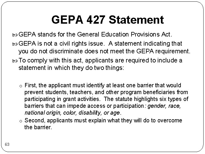 GEPA 427 Statement GEPA stands for the General Education Provisions Act. GEPA is not GEPA 427 Statement GEPA stands for the General Education Provisions Act. GEPA is not