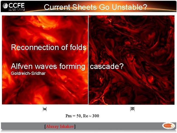 Current Sheets Go Unstable? Reconnection of folds Alfven waves forming cascade? Goldreich-Sridhar |u| |B|