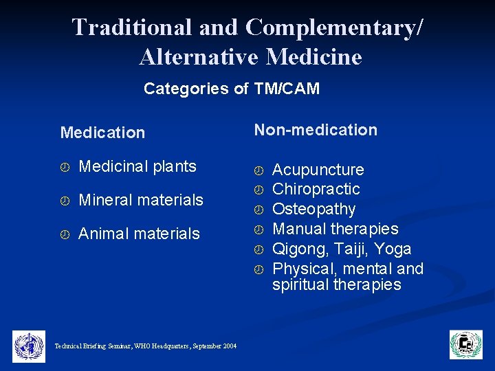 Traditional and Complementary/ Alternative Medicine Categories of TM/CAM Medication ¾ Medicinal plants ¾ Mineral