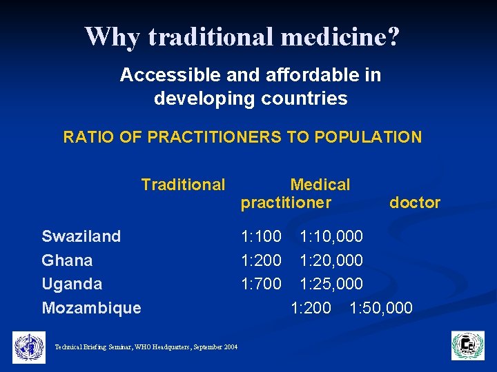 Why traditional medicine? Accessible and affordable in developing countries RATIO OF PRACTITIONERS TO POPULATION