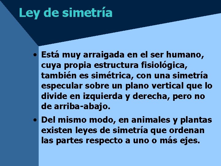 Ley de simetría • Está muy arraigada en el ser humano, cuya propia estructura
