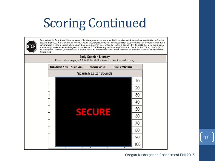 Scoring Continued SECURE 10 Oregon Kindergarten Assessment Fall 2015 