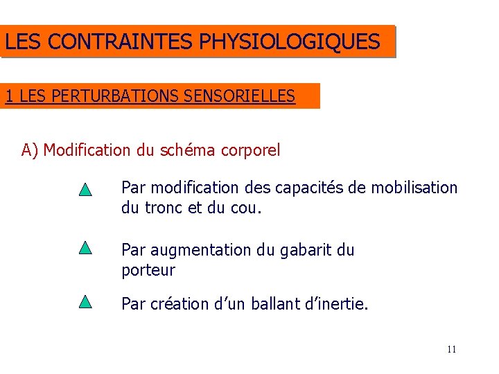 LES CONTRAINTES PHYSIOLOGIQUES 1 LES PERTURBATIONS SENSORIELLES A) Modification du schéma corporel Par modification