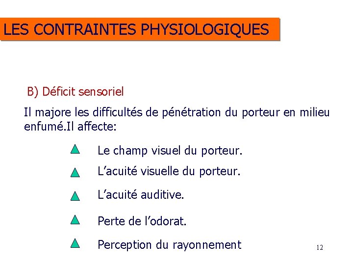 LES CONTRAINTES PHYSIOLOGIQUES B) Déficit sensoriel Il majore les difficultés de pénétration du porteur