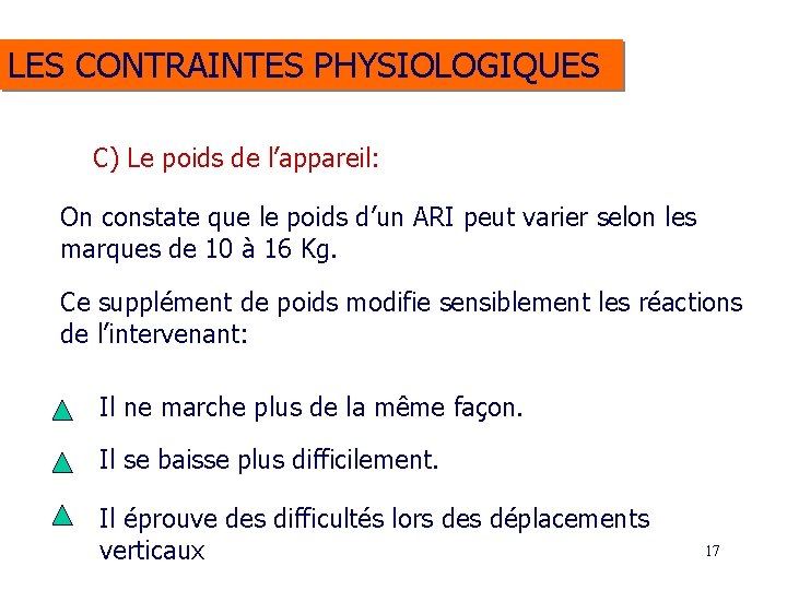 LES CONTRAINTES PHYSIOLOGIQUES C) Le poids de l’appareil: On constate que le poids d’un