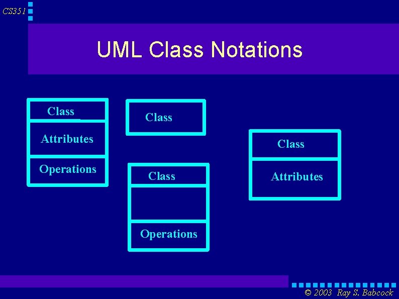 CS 351 UML Class Notations Class Attributes Operations © 2003 Ray S. Babcock 