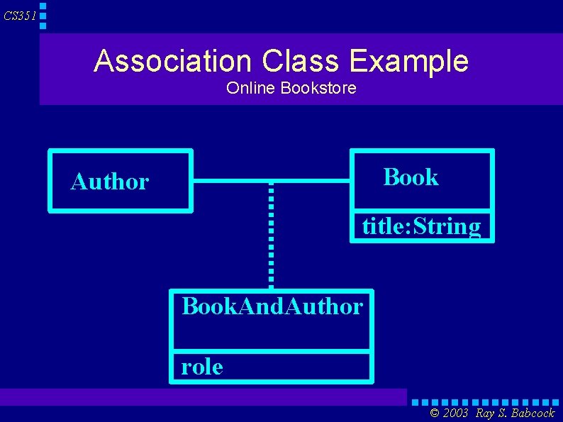 CS 351 Association Class Example Online Bookstore Book Author title: String Book. And. Author