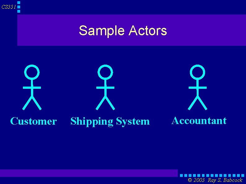 CS 351 Sample Actors Customer Shipping System Accountant © 2003 Ray S. Babcock 