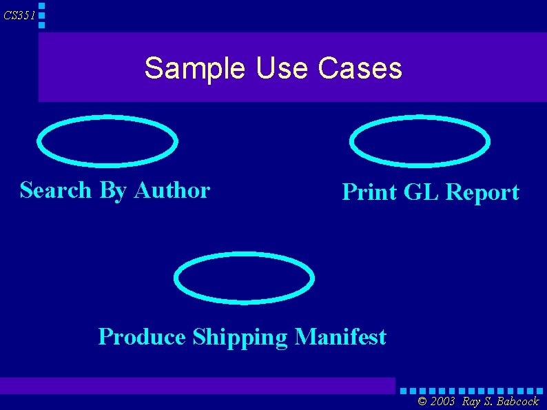 CS 351 Sample Use Cases Search By Author Print GL Report Produce Shipping Manifest