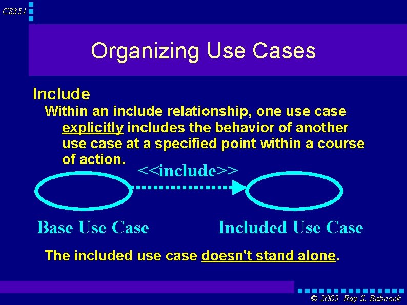 CS 351 Organizing Use Cases Include Within an include relationship, one use case explicitly