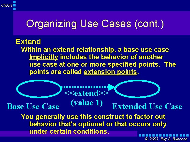 CS 351 Organizing Use Cases (cont. ) Extend Within an extend relationship, a base