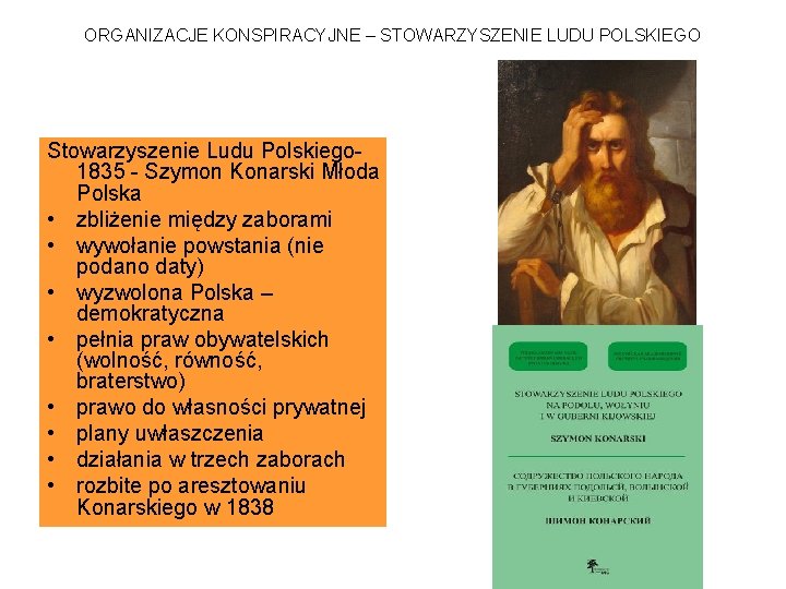 ORGANIZACJE KONSPIRACYJNE – STOWARZYSZENIE LUDU POLSKIEGO Stowarzyszenie Ludu Polskiego 1835 - Szymon Konarski Młoda