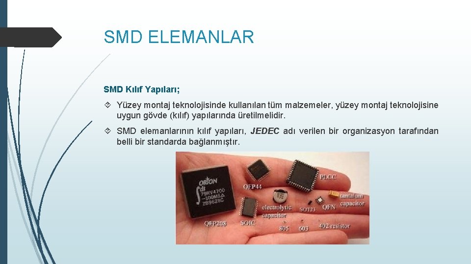 SMD ELEMANLAR SMD Kılıf Yapıları; Yüzey montaj teknolojisinde kullanılan tüm malzemeler, yüzey montaj teknolojisine