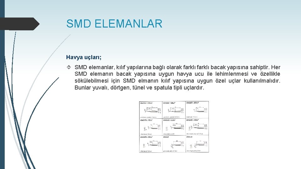 SMD ELEMANLAR Havya uçları; SMD elemanlar, kılıf yapılarına bağlı olarak farklı bacak yapısına sahiptir.