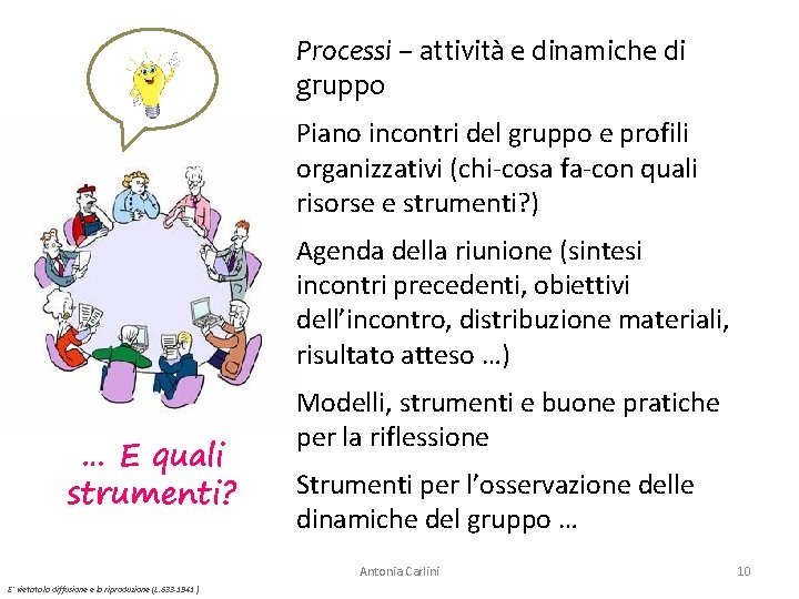 Processi – attività e dinamiche di gruppo Piano incontri del gruppo e profili organizzativi